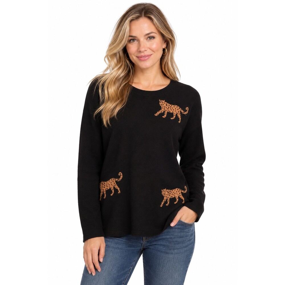 LOFT Sweater Leopard Cheetah Cat Motif Size XL Black Knit Long Sleeve Intarsia